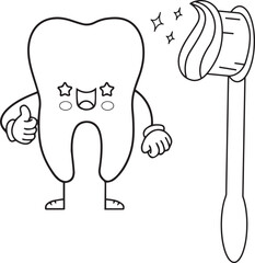 Obraz premium Cartoon tooth and toothbrush with toothpaste and stars