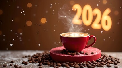 New Year's 2026 banner with a cup of coffee surrounded by holiday decorations