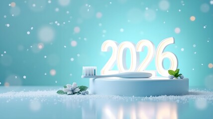 New Year's oral hygiene banner, toothpaste and toothbrush.