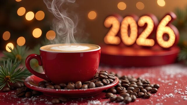 New Year's 2026 banner with a cup of coffee surrounded by holiday decorations