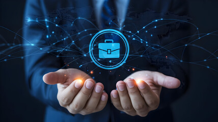 "Hands Holding Holographic Briefcase Icon with Network Connections — Secure Digital Business, Cloud Storage and IT Services Concept"

