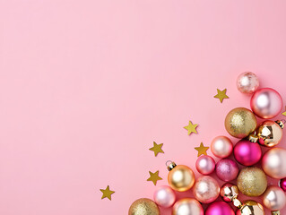 A chic and glamorous Christmas background with a corner border of pink and gold ornaments and stars on a pink surface.