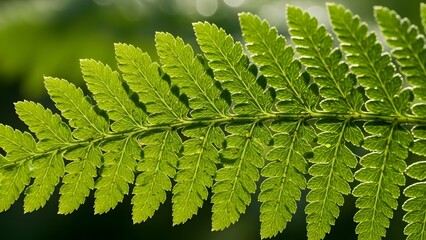 Close up of a bright green fern frond with sunlight shining