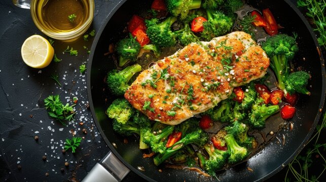 A succulent grilled chicken breast is garnished with herbs, served alongside vibrant green broccoli florets and roasted tomatoes in a pan, with a slice of lemon and a bottle of olive oil nearby, all