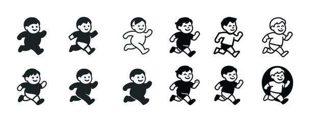 Fototapeta premium Cartoon illustrations of happy child running in black and white variations