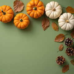 An autumn or Thanksgiving flat lay with a top border of mini pumpkins, gourds, and fall leaves on a sage green background.