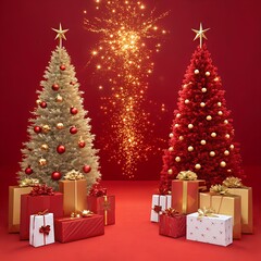 "Stunning Gold and Red Christmas Trees with Gifts - Festive Holiday Decor"