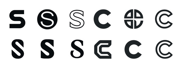 Collection of modern black and white letter s and c logos