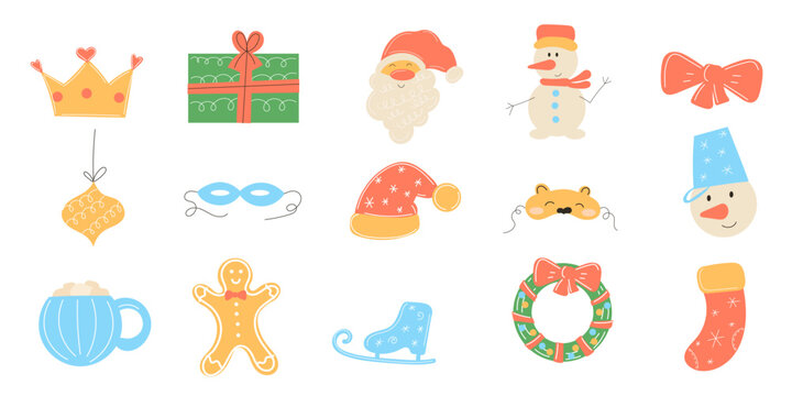 Doodle Christmas Character Bundle. Funny Positive New Year Hand Drawn Mascot Collection. Winter Holiday Party Decoration. Xmas Card or Invitation Icon Set. Cartoon Cute Greeting Symbol. Funny Vibrant