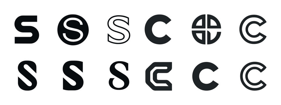 Collection of modern black and white letter s and c logos