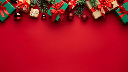 A festive Christmas banner with a top border of colorful gift boxes and fir branches on a red background.