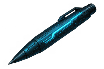 Digital pen with a high-tech style and glowing blue details, symbolizing future, innovation, and modern writing solutions. Transparent background
