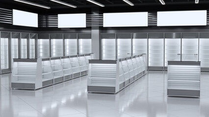 Shop interior with white slatwall gondola shelving rows, blank slatwall cabinets against the wall and wall banners. 3d illustration