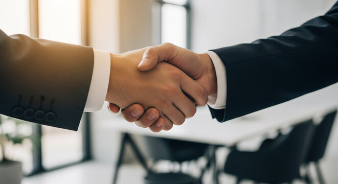 Close-up handshake between two business professionals finalizing a successful corporate agreement inside a modern office environment