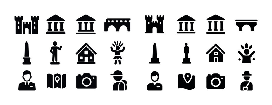 Icon set featuring monuments, people, travel, and maps in bold black silhouettes