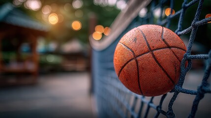 Vibrant basketball rests on net with warm bokeh lights creating a captivating atmosphere for sports and leisure themes.