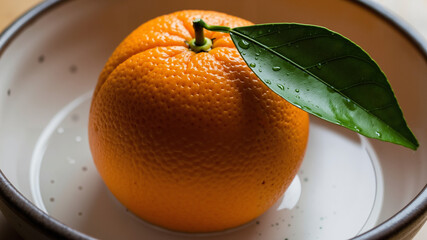 Lucky orange in bowl with leaf on wooden background  