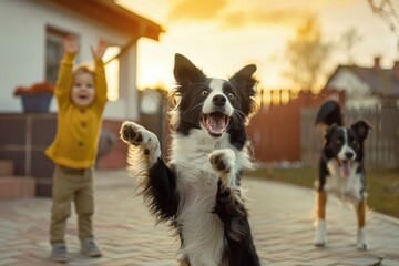 Happy child and pet dog bonding at sunset in backyard, love for animals and childhood fun.