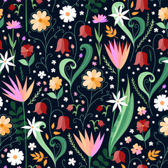 Beautiful floral seamless pattern with imitation of embroidery stitches.