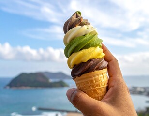 Colorful ice cream cone held in hand against blurred sky and sea background with a distant island