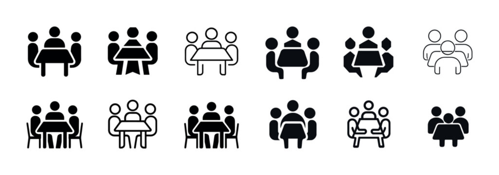 Diverse table meeting icons: group communication symbols in black and white