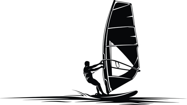 Black silhouette of a windsurfer on a board with a sail, windsurfing, windsurfer, silhouette, black and white, water sport, ocean, sea, waves, board, sail, person, action, sport, recreation, outdoor, 