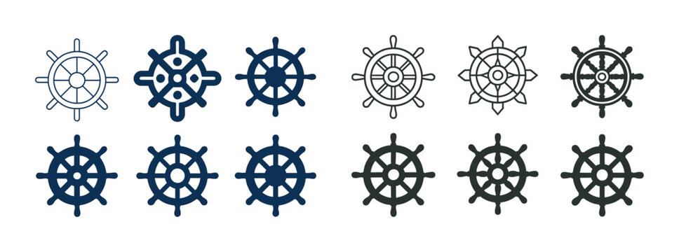 Set of nautical ship wheels in various styles and colors
