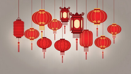 Red lanterns hang softly against a neutral background  