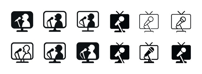 Microphone and tv icon set: black and white silhouettes for media themes