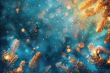 Golden Christmas trees and bokeh lights on a blue background, perfect for greeting cards, banners, or promotional ads