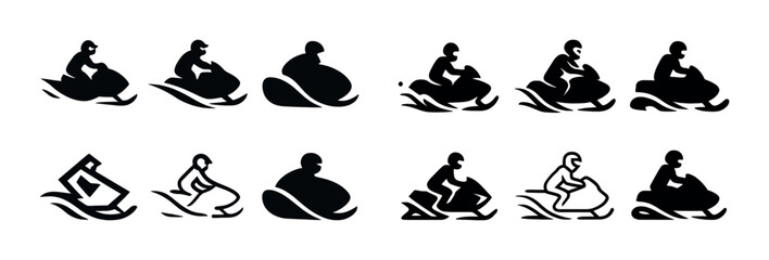 Naklejka premium Silhouette icons of people riding snowmobiles in various styles and poses