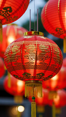 Red lanterns hanging with gold trim illuminated in festive setting  
