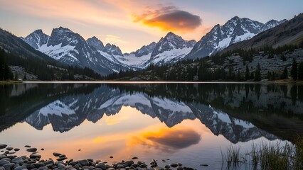 Mountain range reflected in a calm lake at sunset light