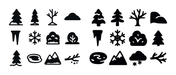 Fototapeta premium Winter symbols: trees, snowflakes, mountains, clouds, and icicles icons
