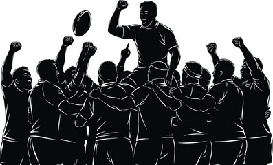 Rugby team celebrating victory with player on shoulders, rugby, sport, team, victory, celebration, winning, success, player, man, men, group, crowd, cheering, shouting, arms raised, hands up, ball, ov
