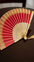Red paper fan with gold trim placed on table  