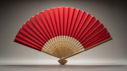 Red paper fan displayed upright with delicate ribbing detail  