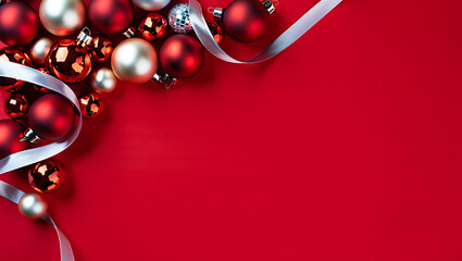 A luxurious Christmas background with a corner border of red and silver ornaments and a silver ribbon on a red surface.