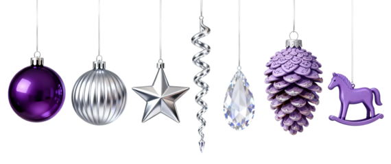 Set of purple and silver Christmas ornaments including ball, ribbed ball, star, spiral icicles, crystal drops, pinecone and rocking horse on transparent background, ideal for holiday cards, banners