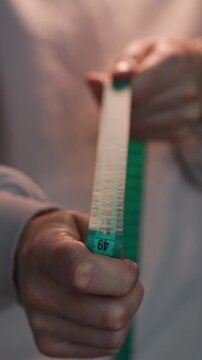 Green tape measure for body measurements.
A long measuring tape in the hands of an athlete.
A person stretches a measuring tape lengthwise.