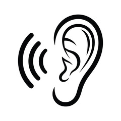 Stylized illustration of an ear with sound waves emanating from it, isolated on