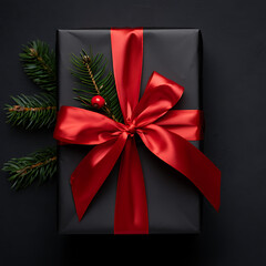A luxurious, large black gift box with a dramatic red ribbon and bow, on a solid black background.