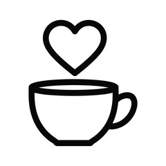 Outline icon of a coffee cup with a steaming heart shape above it, isolated on
