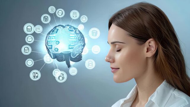 A woman engages in mindfulness to enhance cognitive skills, complemented by futuristic graphics representing brain activity