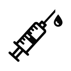 Simple line art drawing of a medical syringe with a drop of fluid on the needle