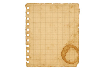 Old graph paper sheet with coffee stain, transparent background, vintage square ruled note paper texture