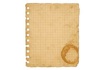 Old graph paper sheet with coffee stain, transparent background, vintage square ruled note paper texture