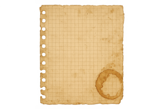 Old graph paper sheet with coffee stain, transparent background, vintage square ruled note paper texture