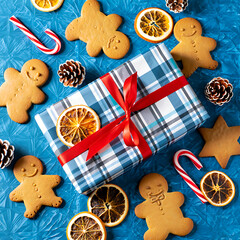 A cozy Christmas flat lay with a plaid gift box, gingerbread cookies, and dried orange slices on a blue background.