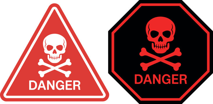 danger, warning, skull and crossbones, Distinctive danger warning signs featuring a skull and crossbones symbol and the word danger, presented in red on white and black backgrounds.